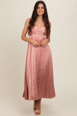 Pink Satin Pleated Midi Dress