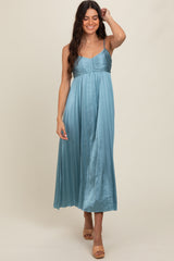 Blue Satin Pleated Maternity Midi Dress