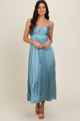 Blue Satin Pleated Midi Dress