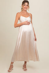 Cream Satin Pleated Maternity Midi Dress