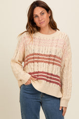 Beige Mixed Cable Knit Striped Maternity Sweater