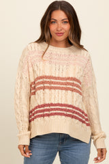 Beige Mixed Cable Knit Striped Maternity Sweater