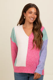 Pink Fuzzy Knit Colorblock Maternity Sweater