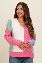 Pink Fuzzy Knit Colorblock Maternity Sweater