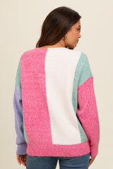 Pink Fuzzy Knit Colorblock Maternity Sweater