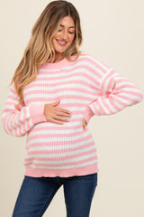 Light Pink Striped Crew Neck Maternity Sweater