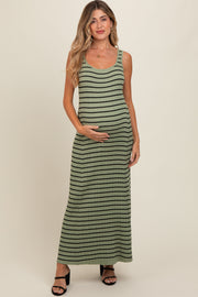 Light Olive Striped Sleeveless Maternity Maxi Dress