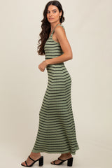 Light Olive Striped Sleeveless Maxi Dress