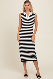 Black Striped Fitted Polo Midi Dress