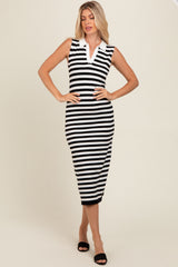 Black Striped Fitted Polo Midi Dress