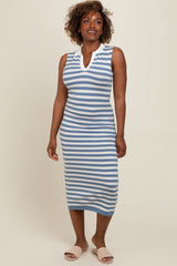 Blue Striped Fitted Maternity Polo Midi Dress