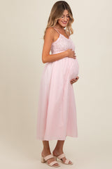 Light Pink Floral Crochet Contrast Maternity Midi Dress