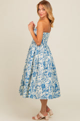 Blue Floral Strapless Maternity Midi Dress