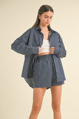 Navy Striped Button Down Top And Shorts Maternity Set