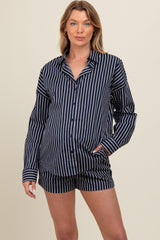 Navy Striped Button Down Top And Shorts Maternity Set