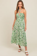 Green Leaf Print Halter Keyhole Midi Dress