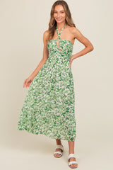 Green Leaf Print Halter Keyhole Midi Dress