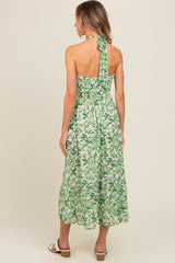 Green Leaf Print Halter Keyhole Midi Dress