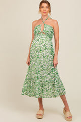 Green Leaf Print Halter Keyhole Maternity Midi Dress