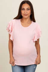 Light Pink Ruffle Sleeve Ribbed Maternity Top