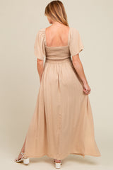 Beige Chambray Smocked Maternity Maxi Dress