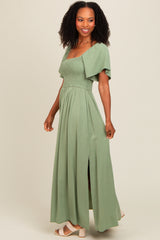 Light Olive Chambray Smocked Maxi Dress