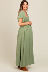 Light Olive Chambray Smocked Maternity Maxi Dress