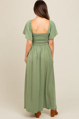 Light Olive Chambray Smocked Maternity Maxi Dress