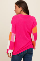 Fuchsia Checker Sleeve Maternity Sweater