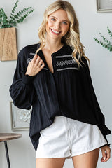 Black Embroidered Smocked Blouse