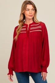 Rust Embroidered Smocked Maternity Blouse