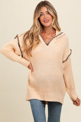 Beige Contrast Stitch Hooded Maternity Sweater