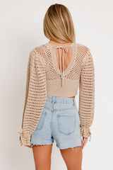 Natural Round Neck Long Sleeve Crochet Top