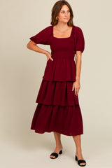 Burgundy Smocked Body Ruffled Tiered Maternity Midi Dress