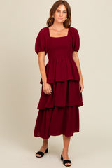 Burgundy Smocked Body Ruffled Tiered Midi Dress