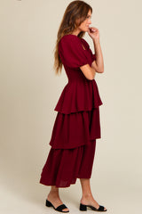 Burgundy Smocked Body Ruffled Tiered Midi Dress