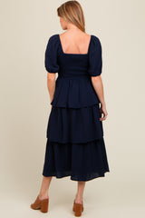 Navy Smocked Body Ruffled Tiered Maternity Midi Dress