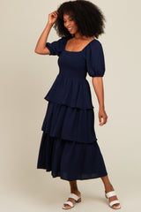 Navy Smocked Body Ruffled Tiered Midi Dress