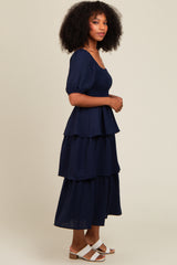 Navy Smocked Body Ruffled Tiered Midi Dress