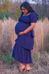 Navy Smocked Body Ruffled Tiered Maternity Midi Dress