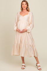 Beige Front Ruched Babydoll Maternity Midi Dress