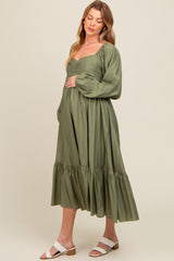 Olive Front Ruched Babydoll Maternity Midi Dress