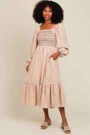 Beige Contrast Smocked Balloon Sleeve Midi Dress