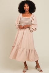 Beige Contrast Smocked Balloon Sleeve Midi Dress