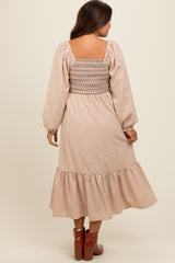 Beige Contrast Smocked Balloon Sleeve Maternity Midi Dress