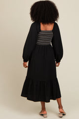 Black Contrast Smocked Balloon Sleeve Midi Dress