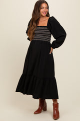 Black Contrast Smocked Balloon Sleeve Maternity Midi Dress