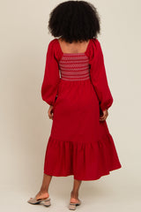 Burgundy Contrast Smocked Balloon Sleeve Midi Dress