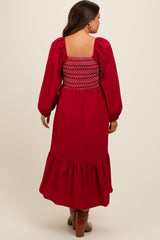 Burgundy Contrast Smocked Balloon Sleeve Maternity Midi Dress