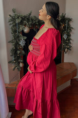 Burgundy Contrast Smocked Balloon Sleeve Maternity Midi Dress